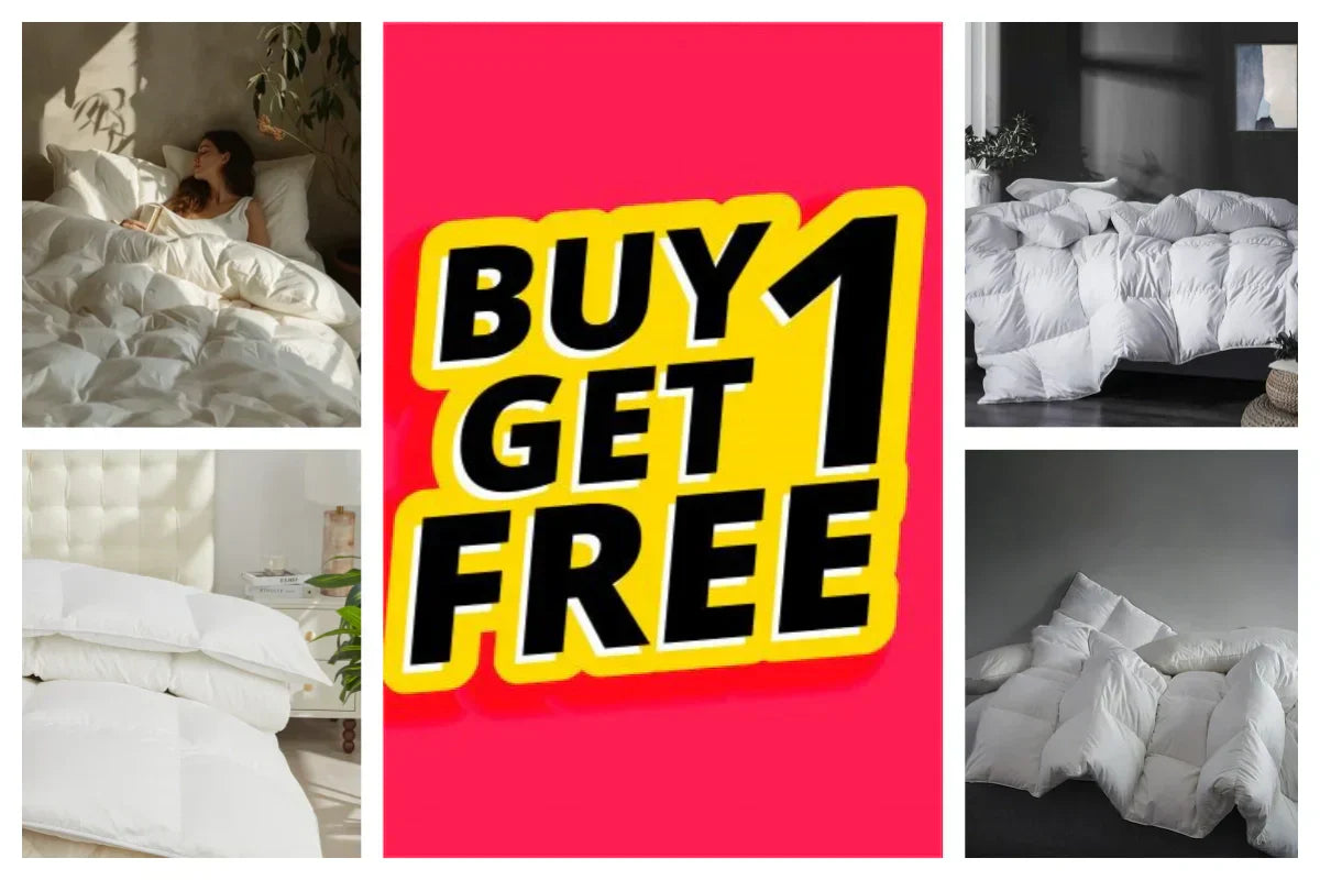 Collage promoting APSmile down duvets, featuring a woman asleep under a duvet, three different close-ups of duvets on beds, and a "buy one get one free" sale announcement.