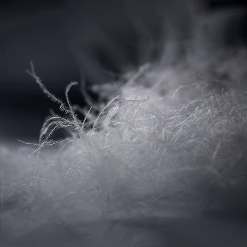 Macro photograph of white down feathers against a dark background.