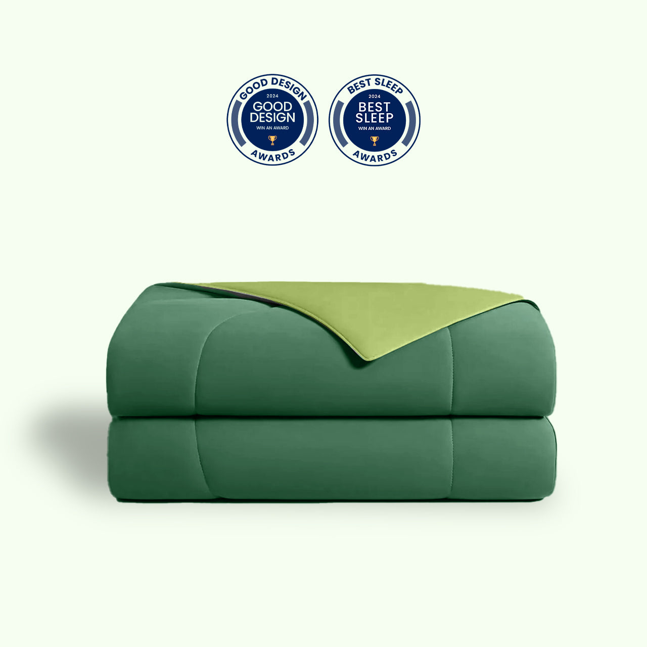 APSMILE cooling blanket in dark and light green with "Good Design 2024" and "Best Sleep 2024" award badges on a white background.