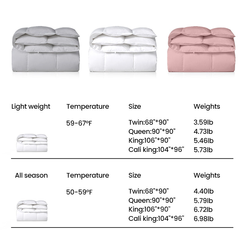 APSMILE down comforter options; light weight and all-season versions with different sizes, temperature ratings, and weights shown.