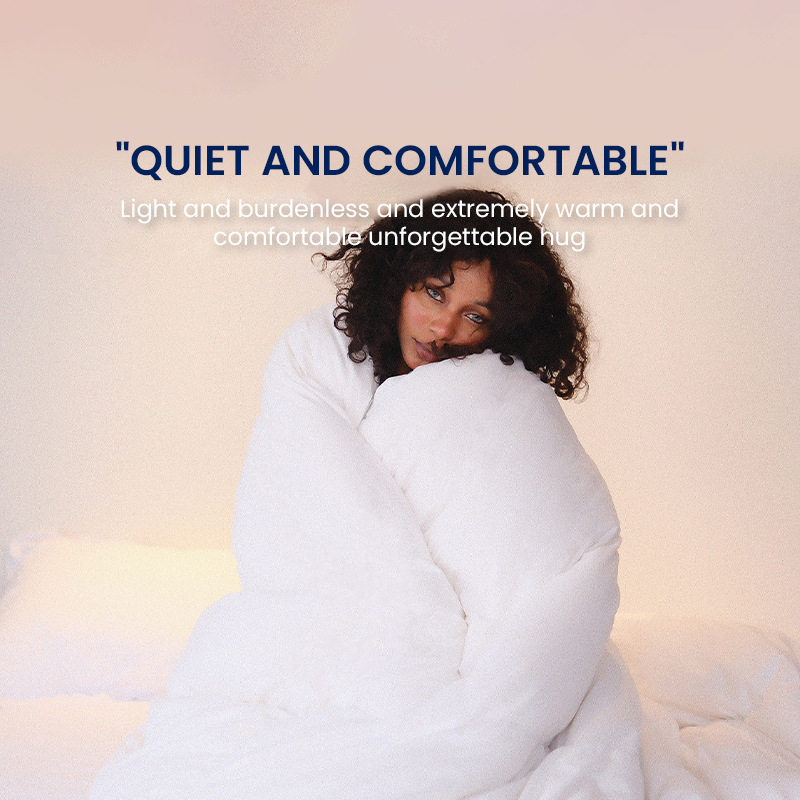 Woman with a serene expression wrapped in a white APSMILE comforter, with text emphasizing comfort and warmth of the best winter comforter by AP SMILE.