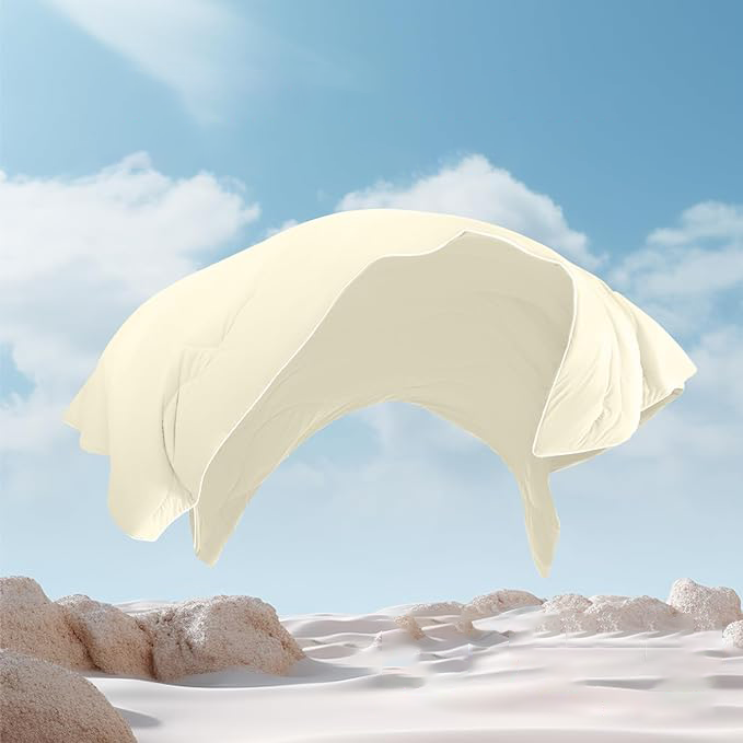 Ecru-colored duvet cover billows against a blue sky with clouds above a sandy landscape.