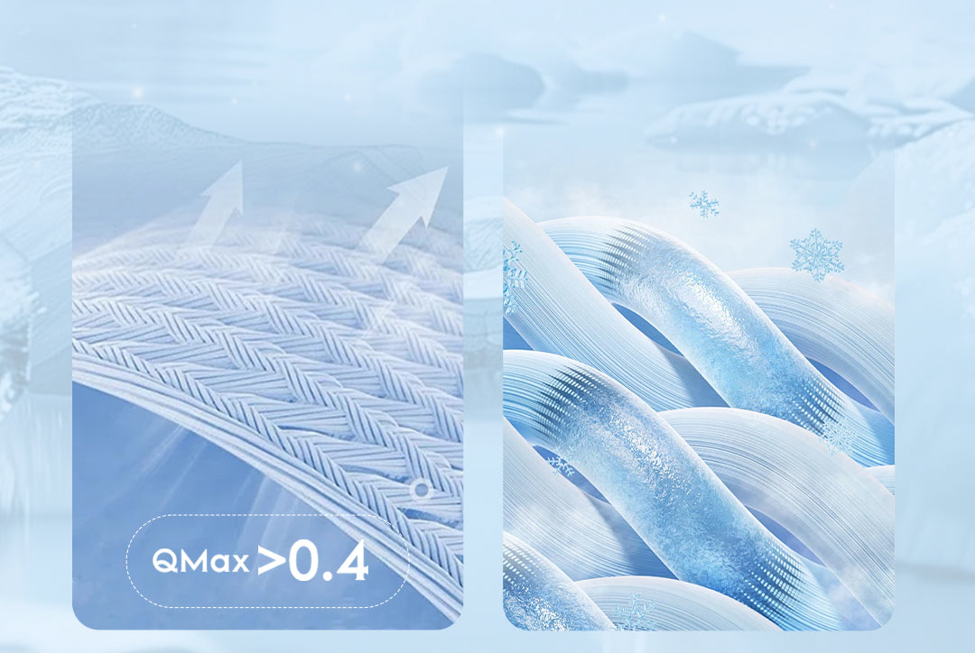 Close-up of breathable fabric and cooling material with a QMax designation.
