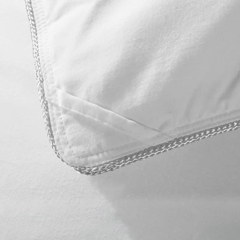 Close-up of a white duvet cover with a textured trim around the edge.