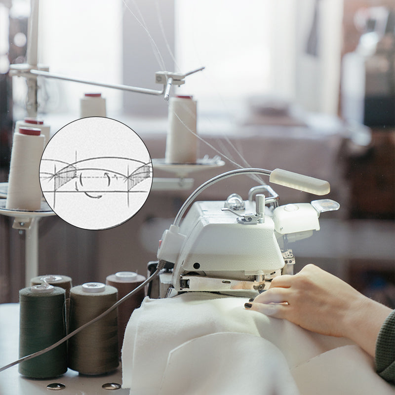 Hands operating a white serger sewing machine with an inset diagram showcasing stitch formation and thread guides.