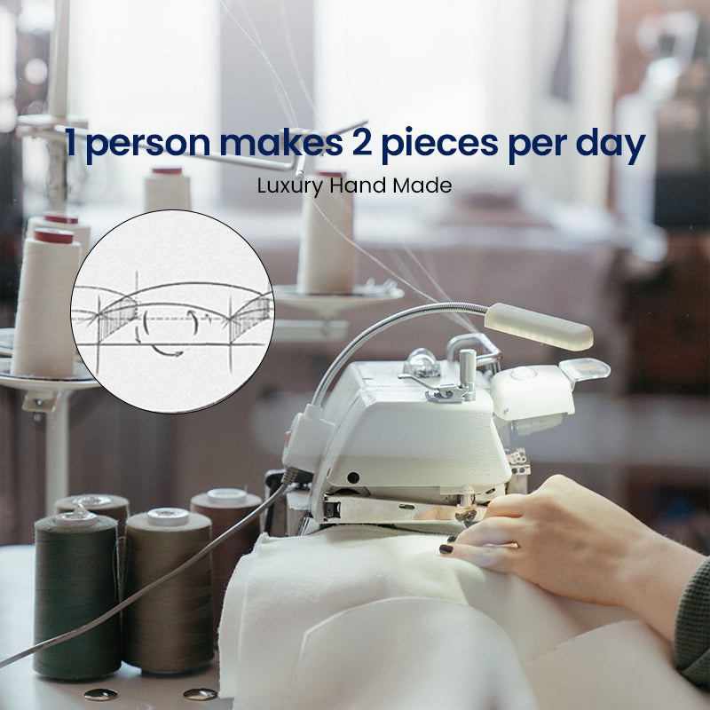 Close-up of a person using a sewing machine to craft the luxurious APSMILE comforter; a design sketch is displayed adjacent to the machine. Spools of thread in varying colors are situated nearby. A text overlay indicates 1 person makes 2 pieces per day and Luxury Hand Made for APSMILE down comforter.