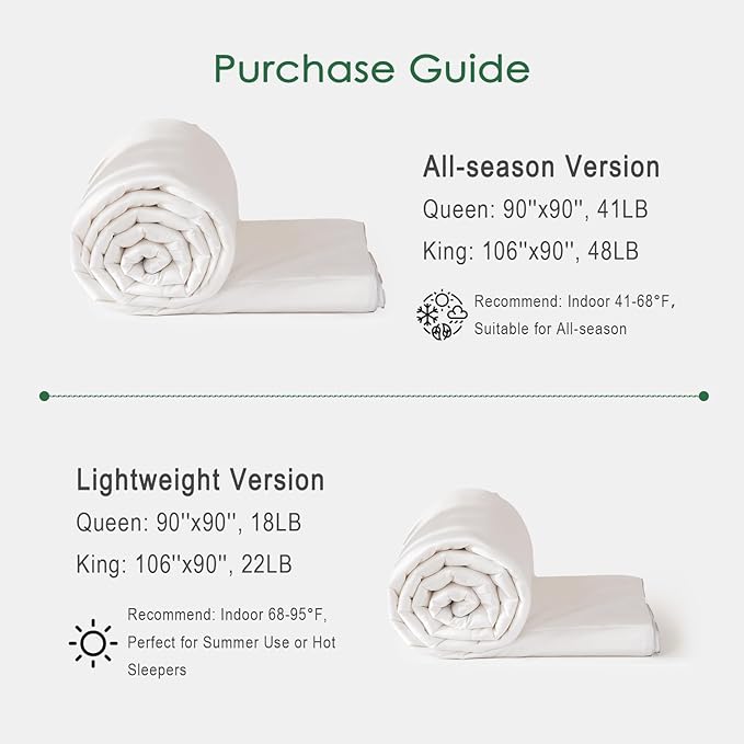 APSMILE bamboo fiber comforter purchase guide, depicting all-season and lightweight versions with dimensions and temperature recommendations.