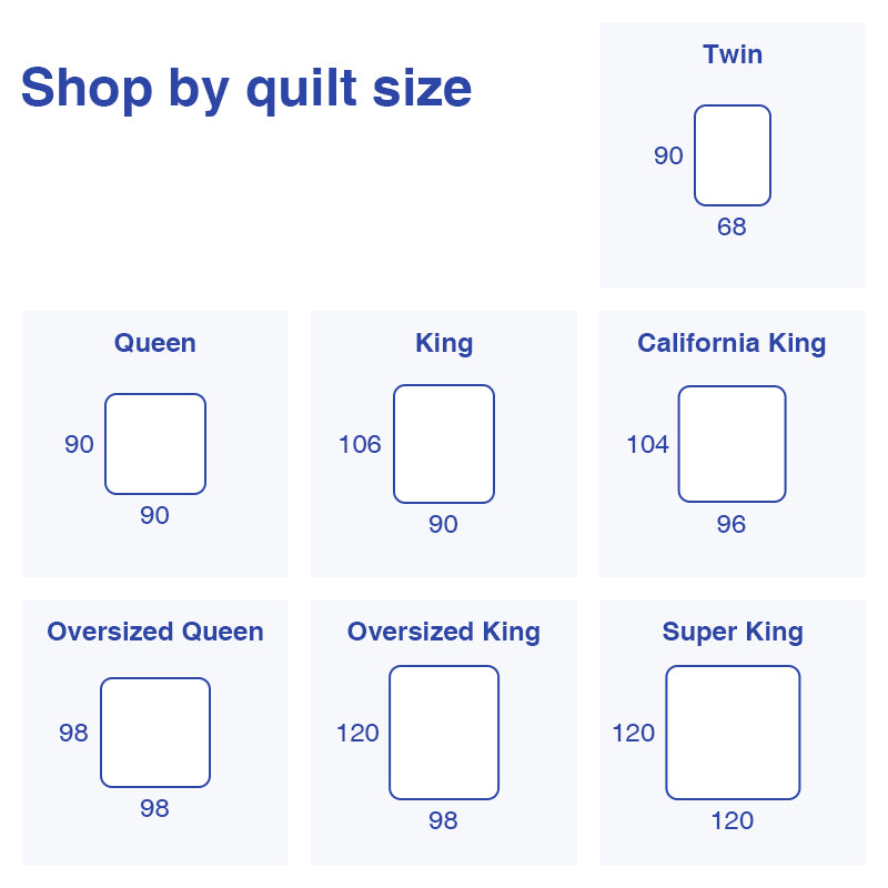 Quilt sizing guide showing dimensions for Twin, Queen, King, California King, Oversized Queen, Oversized King, and Super King sizes.