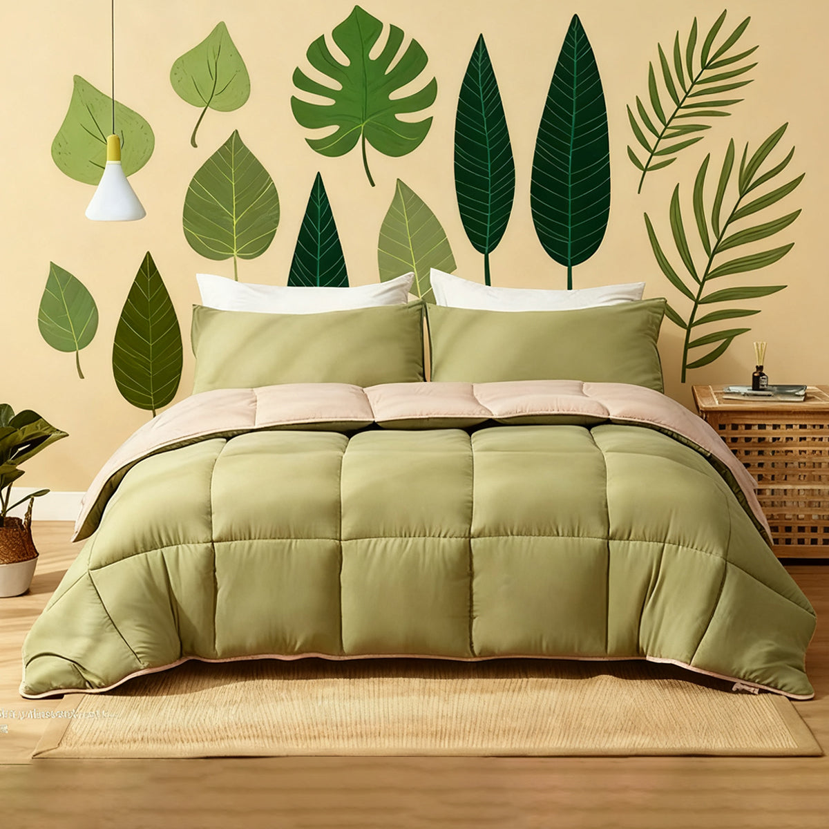 Bean green and yam khaki down alternative comforter with vegan soft™ quilted fabric, featuring eco - friendly recycled Climaloft microfiber fill and double - sided low - impact dye, set against a wall with tropical leaf decals.