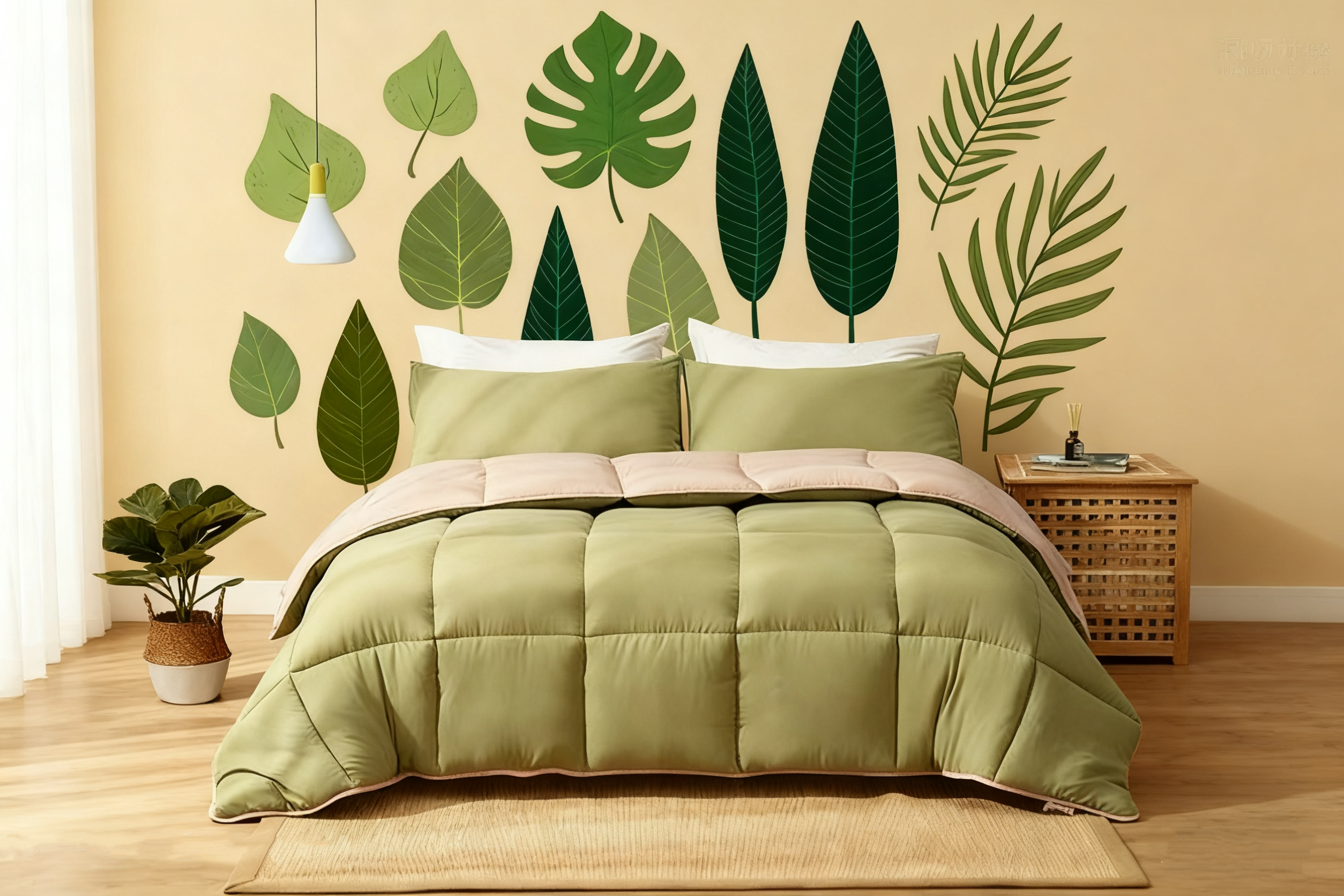 A bedroom with a bed covered in a light green vegan down alternative quilt. The wall behind the bed is adorned with large, various green leaf patterns, and there's a wicker side table and a potted plant in the room.