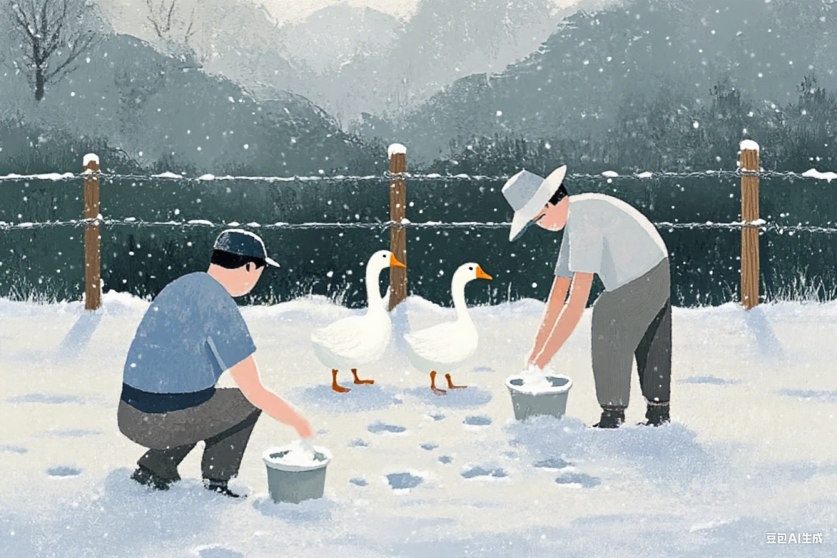 Illustration depicting two figures feeding two geese in a snowy outdoor setting. A fence and indistinct trees are in the background.