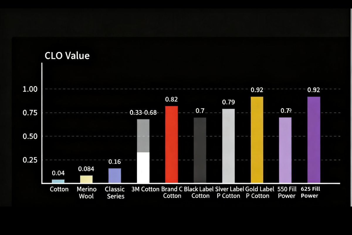 Bar chart comparing the CLO (thermal insulation) values of different materials like cotton, Merino wool, 3M Cotton, and various branded down/polyester fills, illustrating their thermal performance differences.