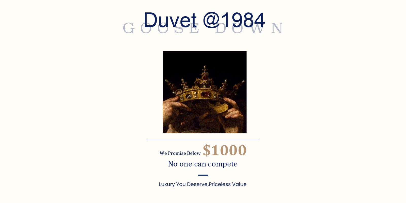 Product advertisement for an APSMILE duvet featuring an image of hands placing a jeweled crown under the phrases "Goose Down" and "Duvet @1984"—showcasing the best comforter for cold sleepers.  