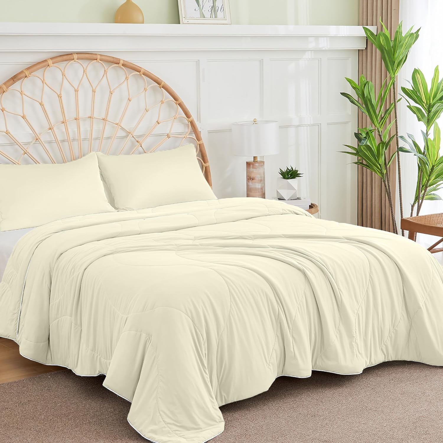 Beige bedding on a bed with a wicker headboard, complemented by a green potted plant.