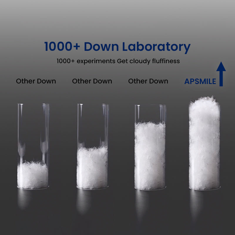Four clear cylindrical containers, with increasing amounts of white down filling each; text above them reads, "1000+ Down Laboratory by APSMILE", "1000+ experiments Get cloudy fluffiness for APSMILE duvet", "Other Down" over the first three containers, and "APSMILE" with a blue arrow over the last one.  