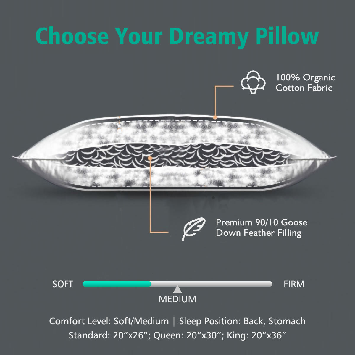 Organic Goose Down Feather Pillows for Sleeping, Soft/Medium Bed Pillow Inserts for Stomach/Back Sleepers