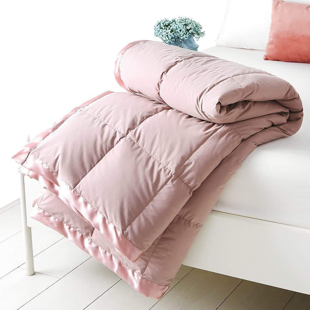 Lightweight Goose Down Bed Blanket, Ultra-Soft Summer Cooling Down Blanket with Satin Trim, Multi-color Available